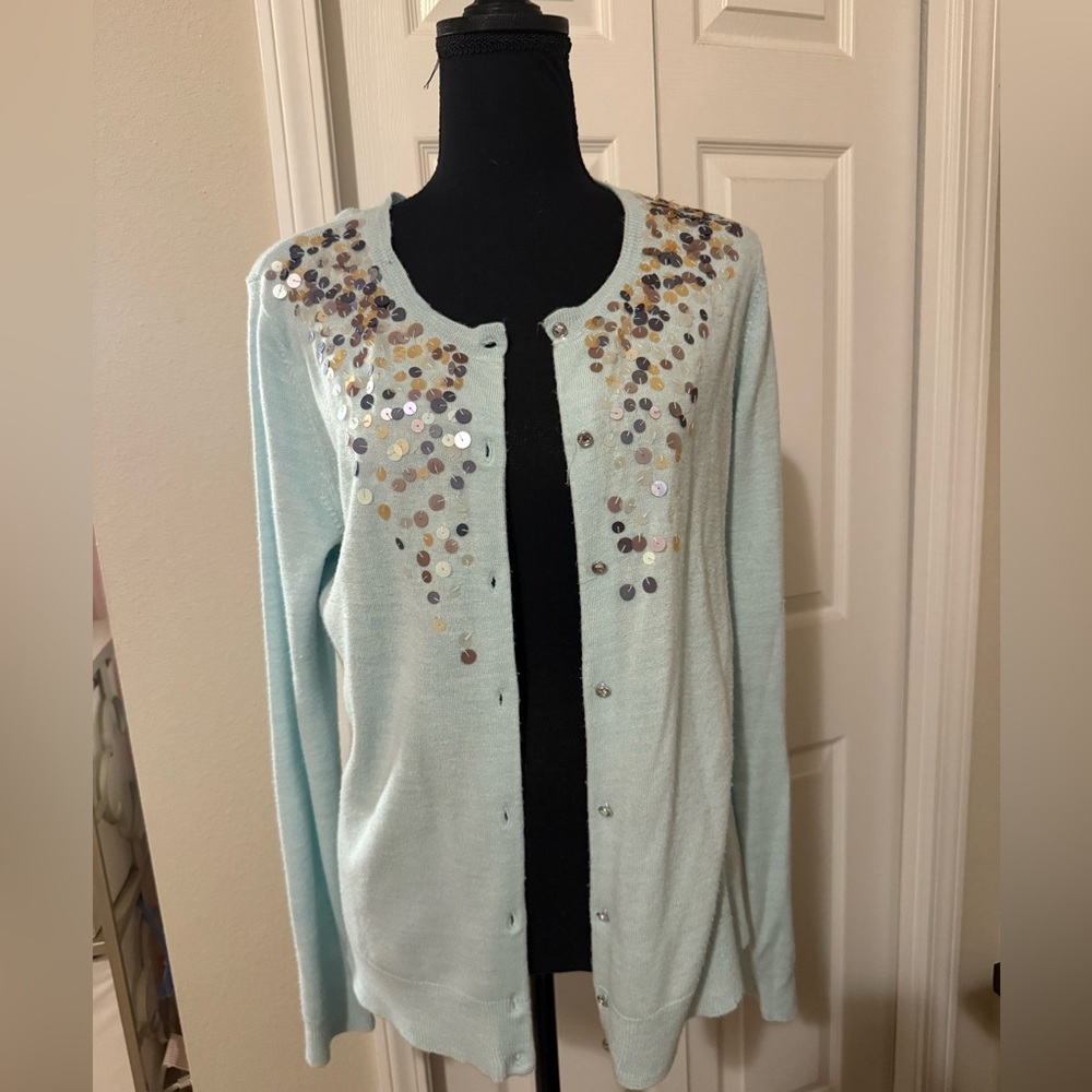 New York & Co light blue Sequin cardigan Sweater size Large